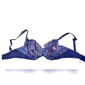 34DDD Blue Victorias Secret Unlined Demi Bra. Rhinestones & Lace